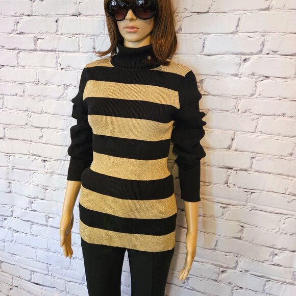 Lauren by Ralph Lauren - Black & gold long sleeve striped turtleneck sweater - Picture 5 of 12